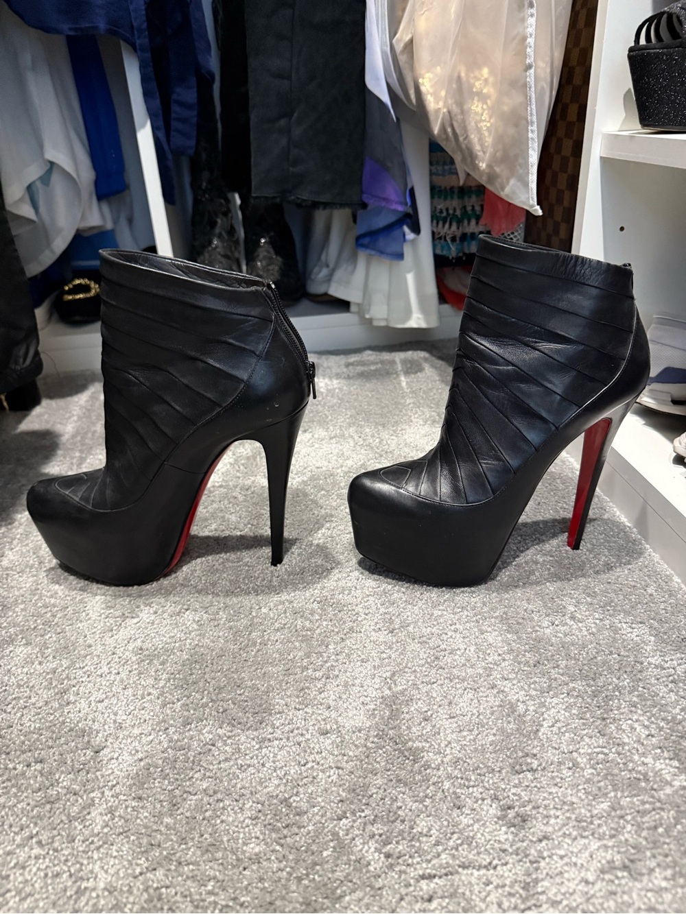 Christian Louboutin Black Leather Platform Ankle Booties with Red Sole